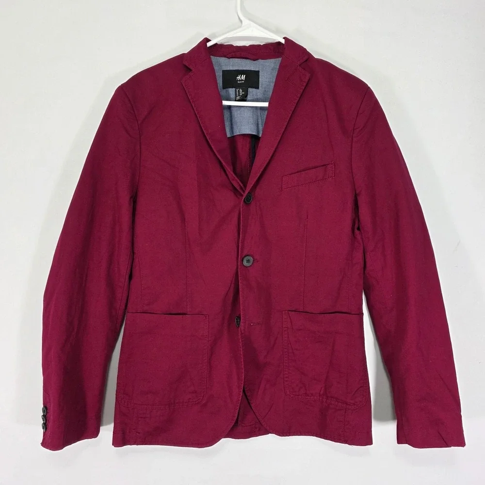 H&M Men's‎ Sport Coat Blazer Two Button Maroon Cotton Linen Blend Size 36R Slim